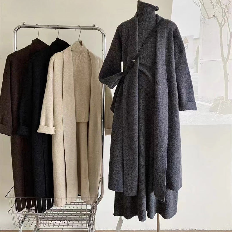 Spring Autumn Winter Crochet Cardigan Y2k High Waist Skirt Long Sweater Vest Jumper Dress Knitted Women Three Piece Sets