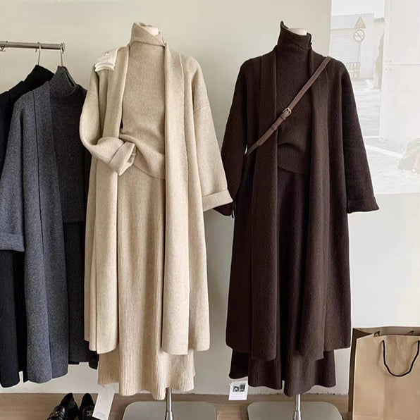 Spring Autumn Winter Crochet Cardigan Y2k High Waist Skirt Long Sweater Vest Jumper Dress Knitted Women Three Piece Sets