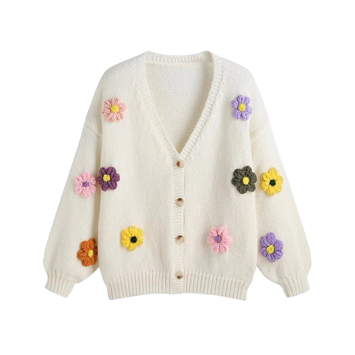 White cardigan with colorful flower appliqués on a white background