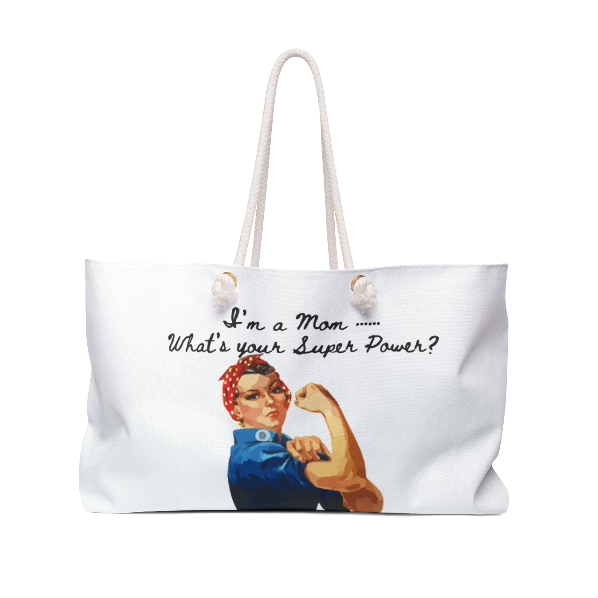 Tote bag with Rosie the Riveter graphic and text on a white background