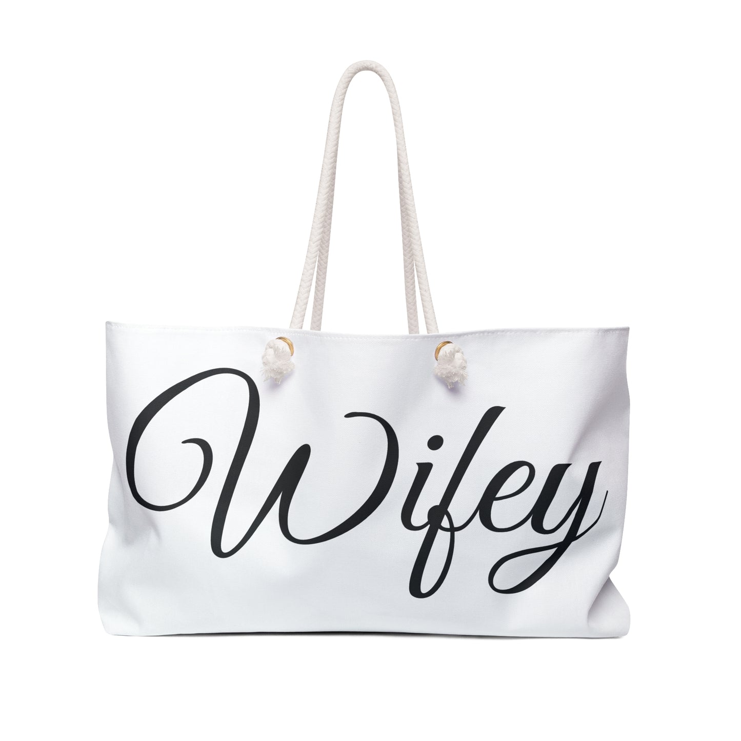 White tote bag with 'Wifey' text on a white background