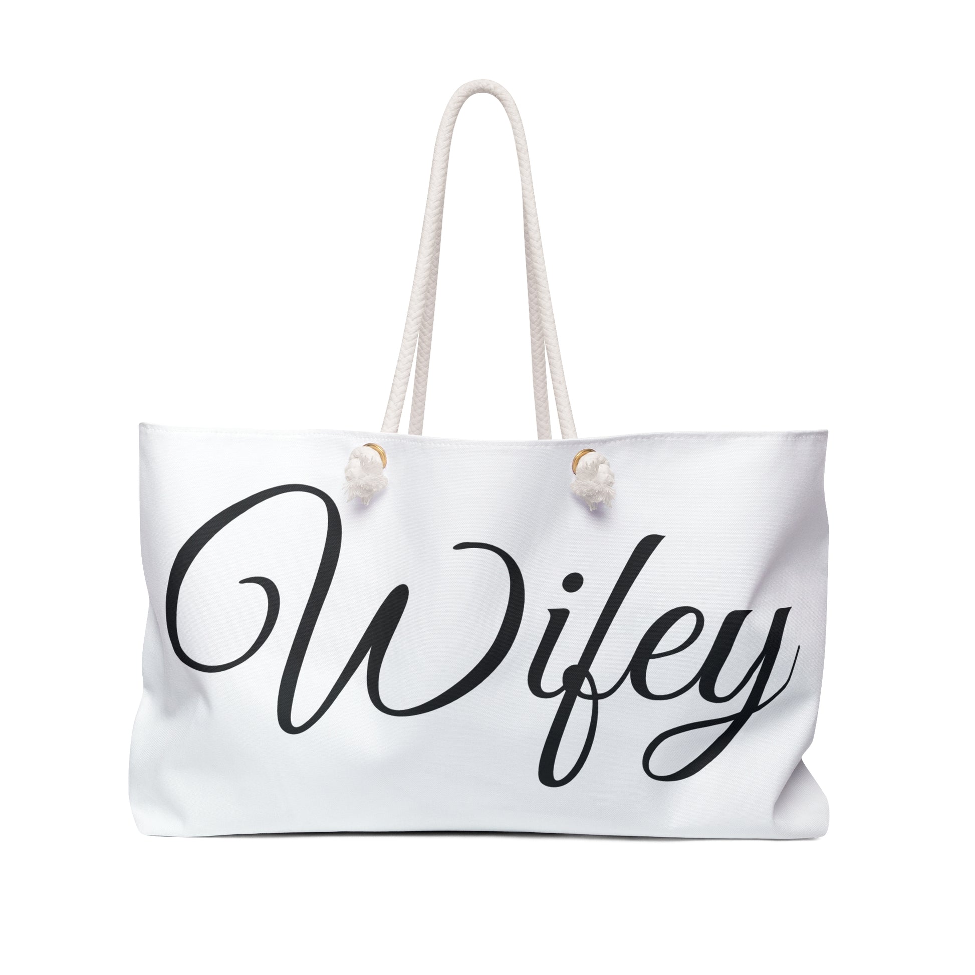 White tote bag with 'Wifey' text on a white background