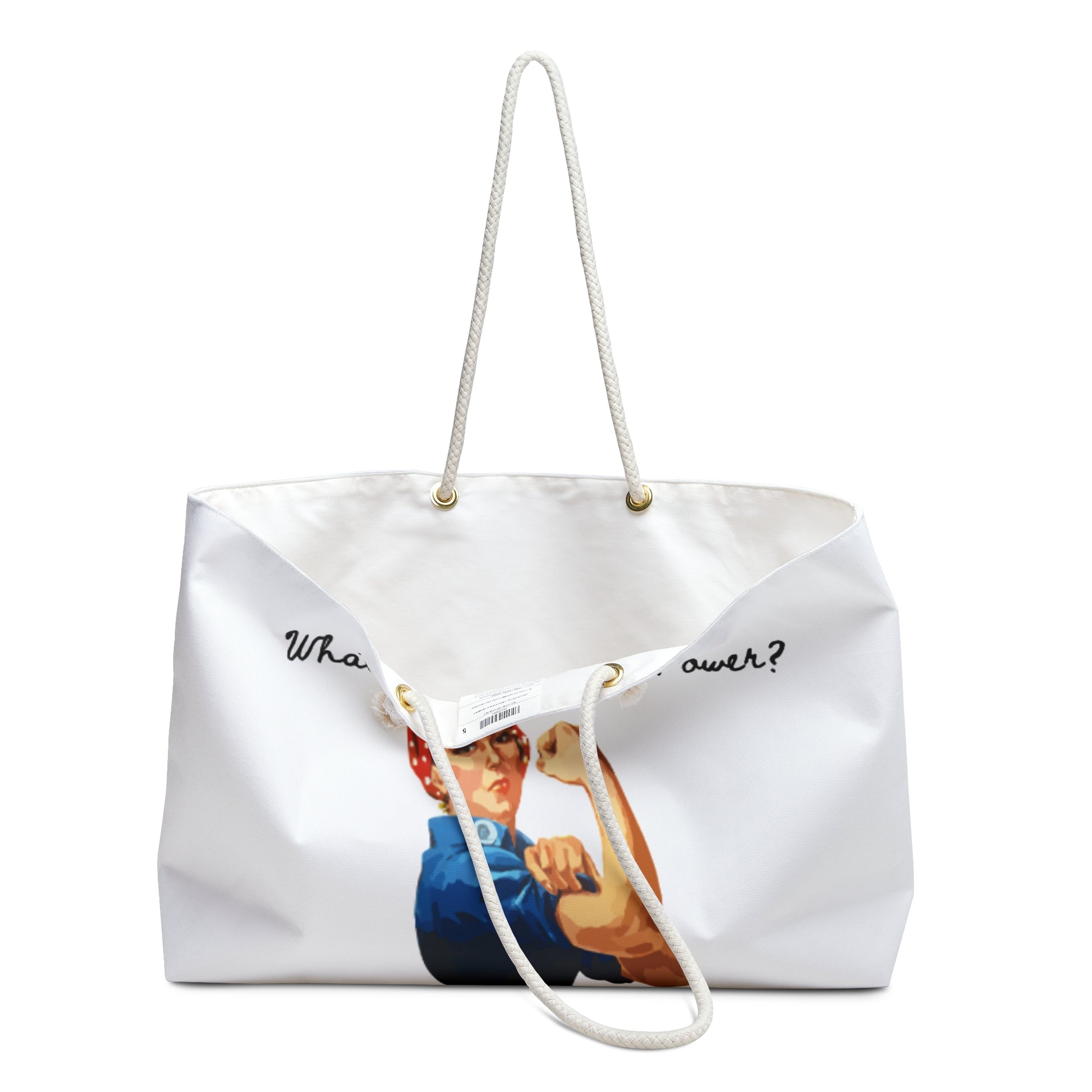 White tote bag with graphic design and text on a white background