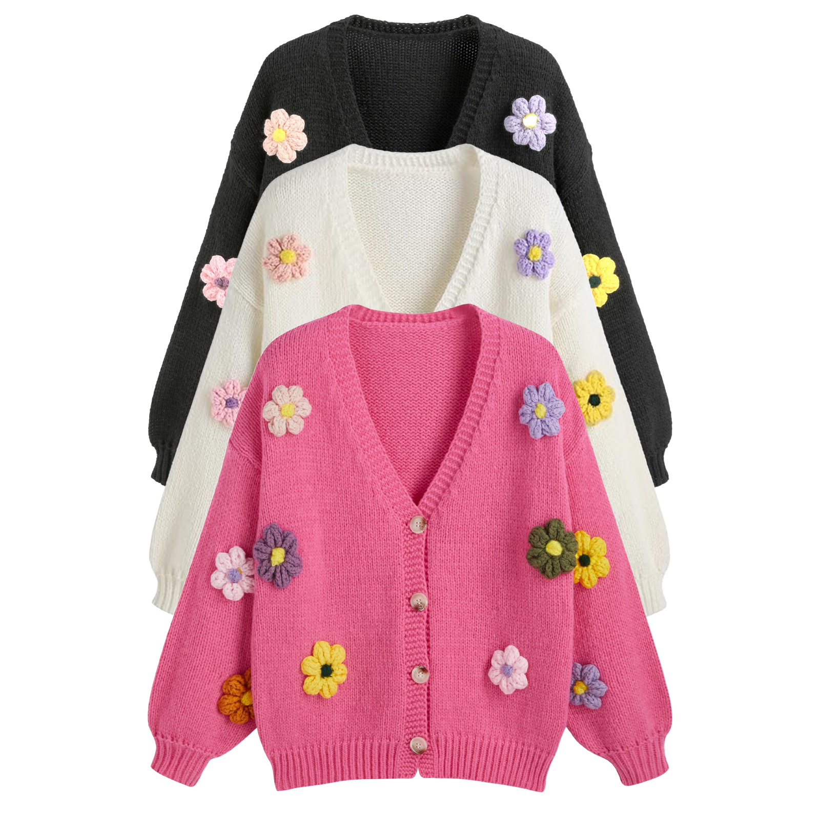 Set of three cardigans in black, white, and pink with floral appliqués on a white background