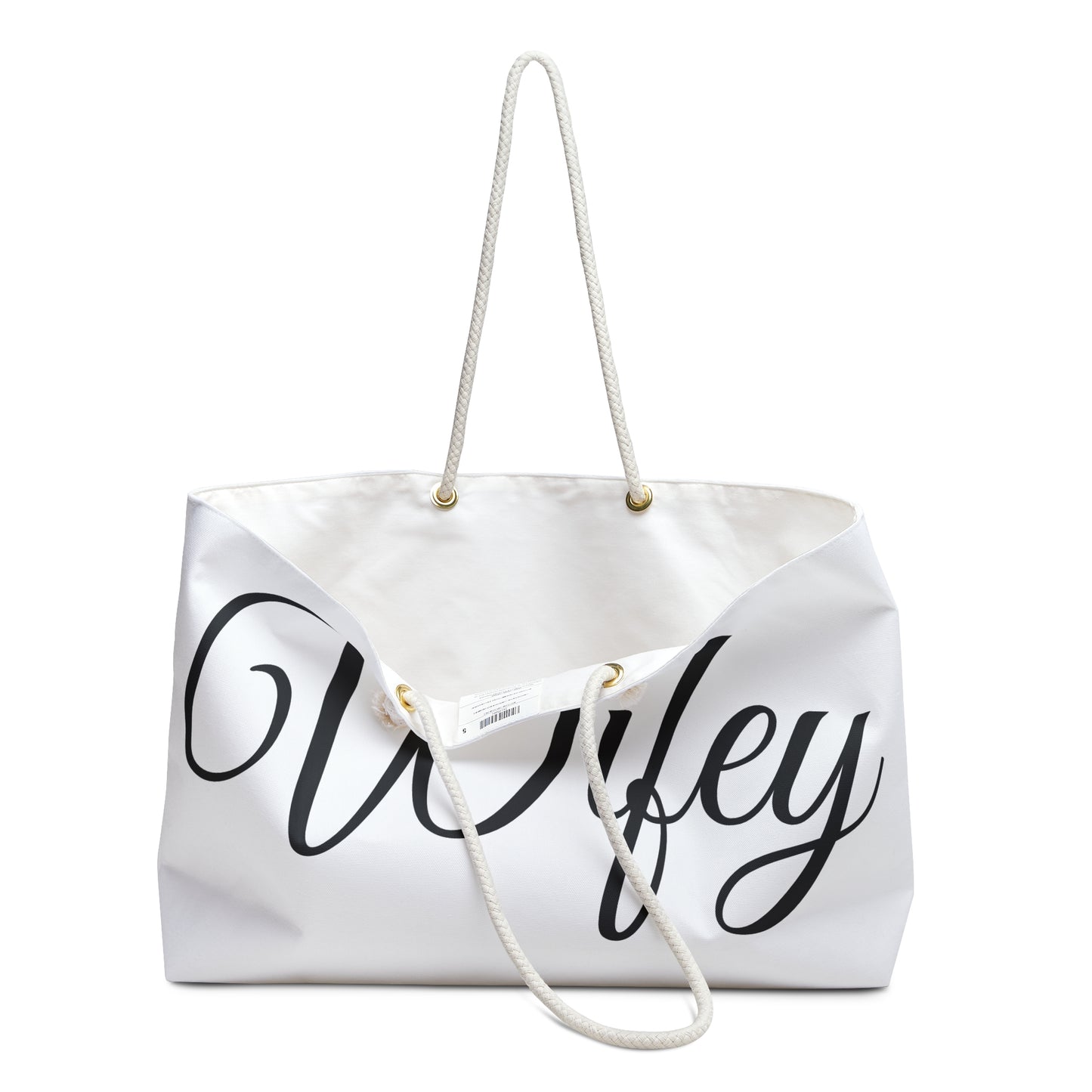 White tote bag with 'Wifey' text on a white background