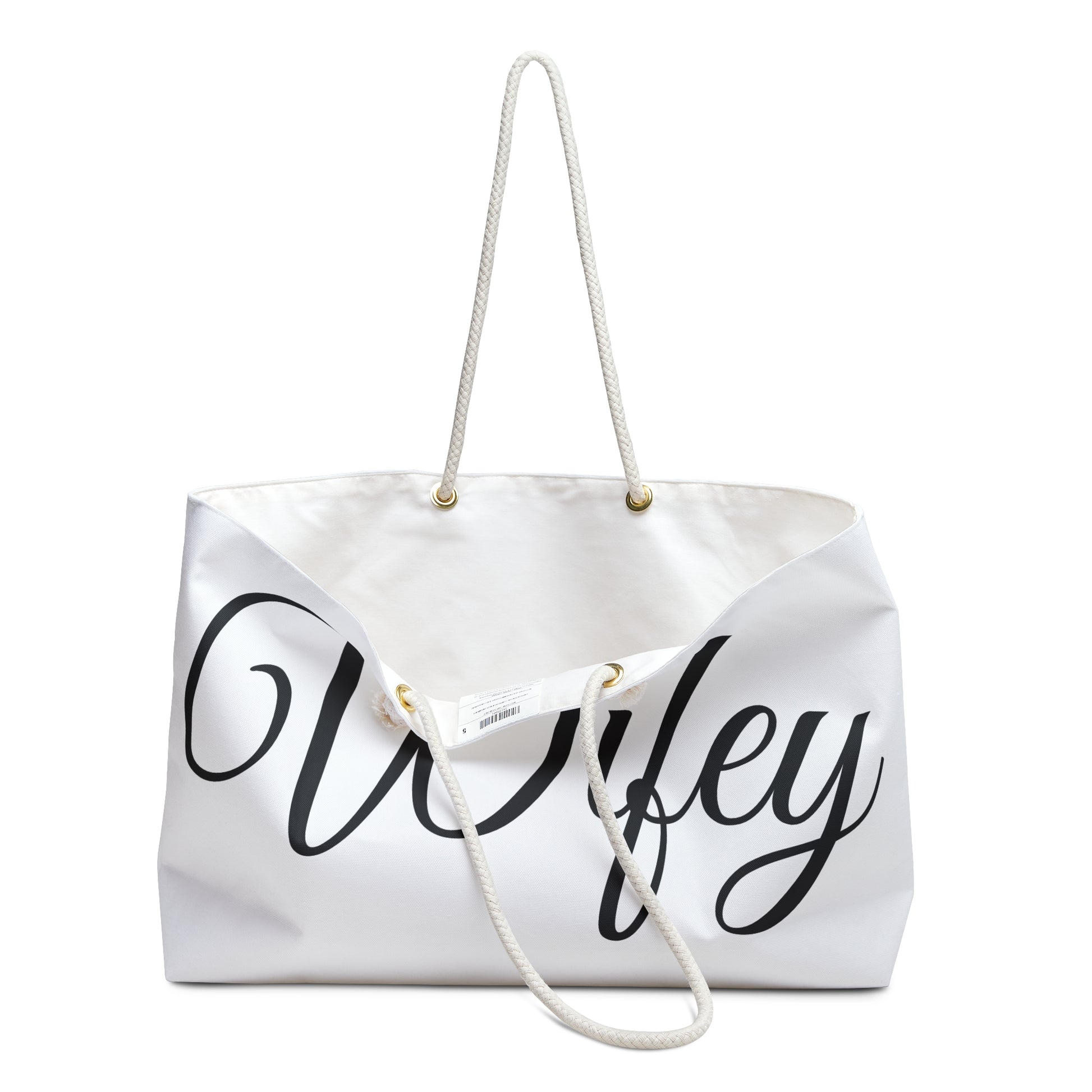 White tote bag with 'Wifey' text on a white background