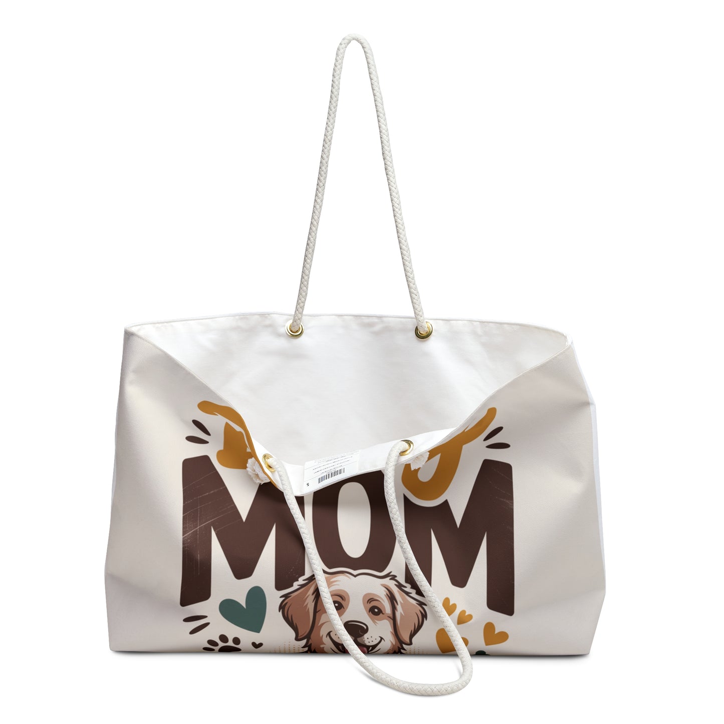 White tote bag with 'Mom' and a dog illustration on a white background