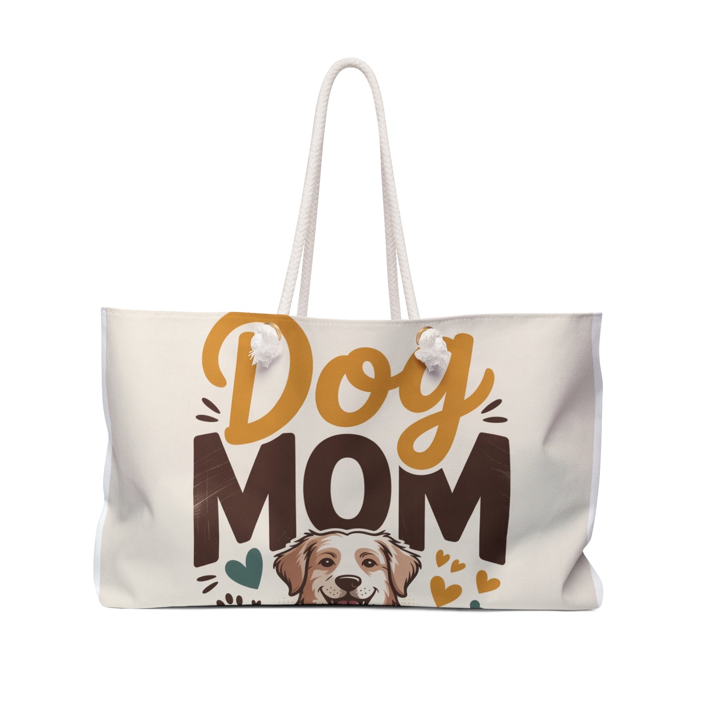 Tote bag with 'Dog Mom' text and a dog illustration on a white background