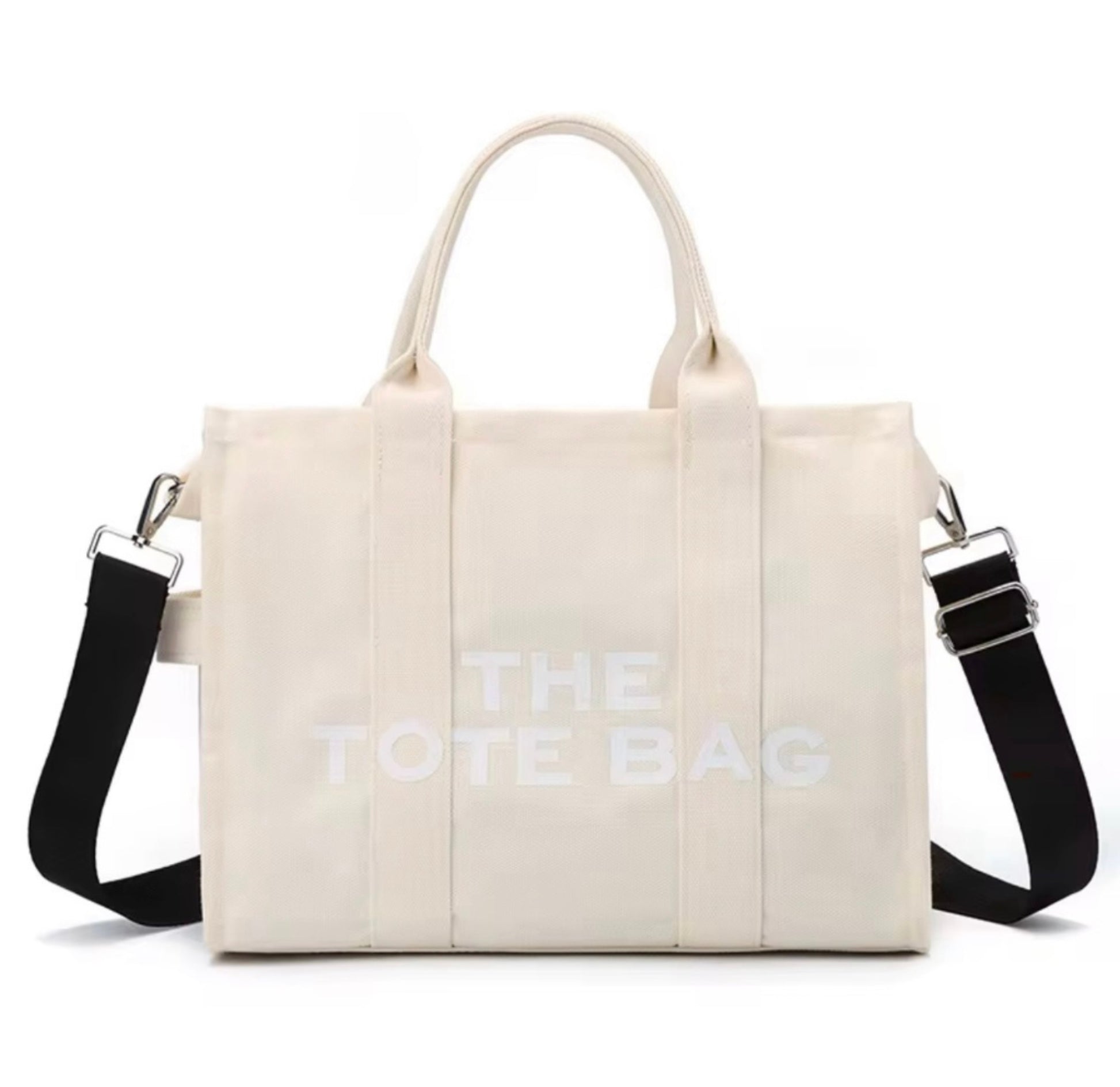 Beige tote bag with 'THE TOTE BAG' text on a white background