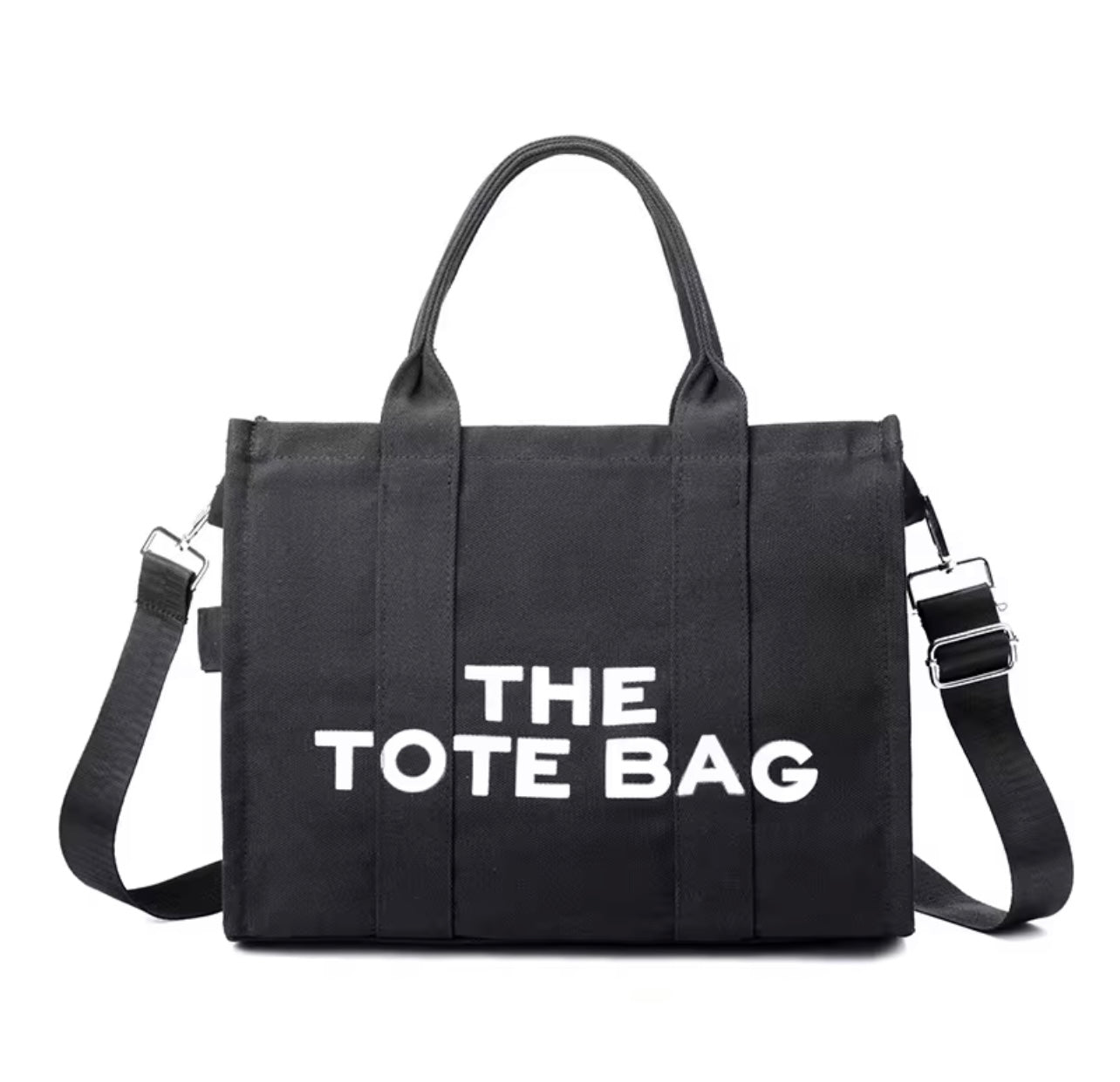 Black tote bag with 'THE TOTE BAG' text on a white background