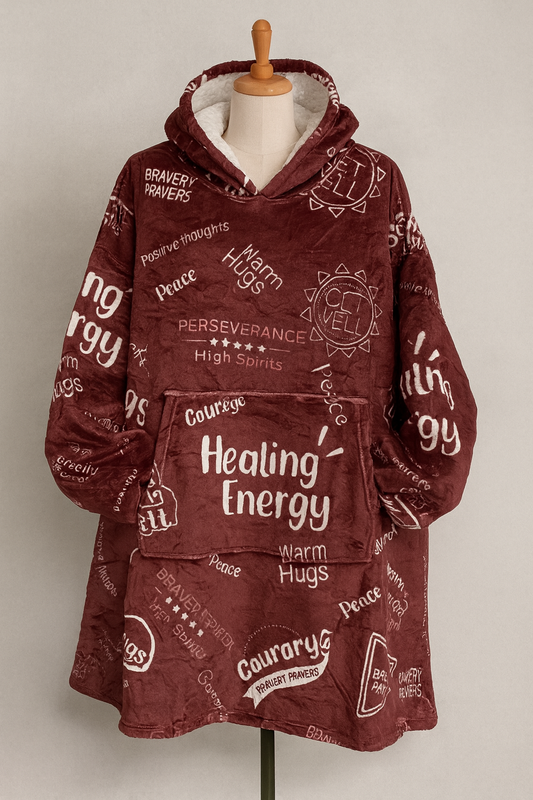 Maroon hoodie with text design on a mannequin against a plain background