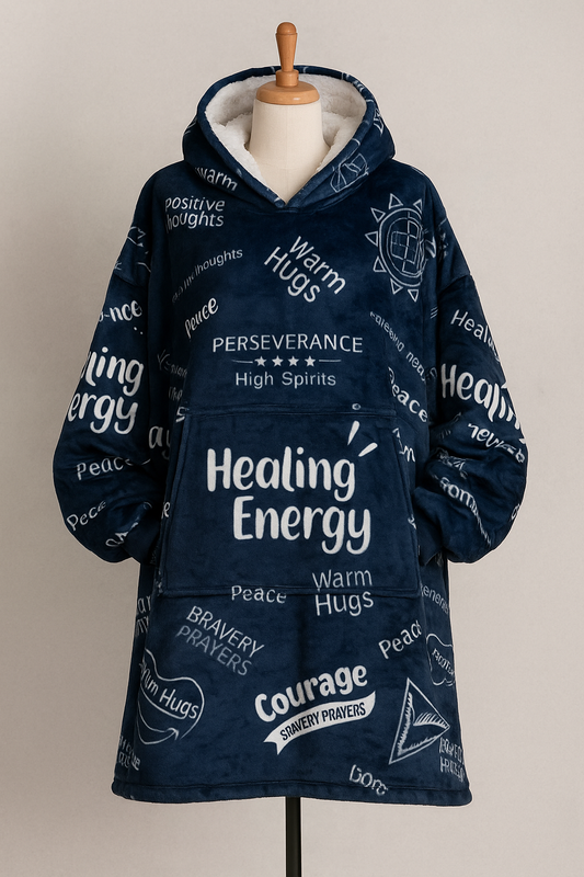 Navy blue hoodie with motivational text on a mannequin against a beige background