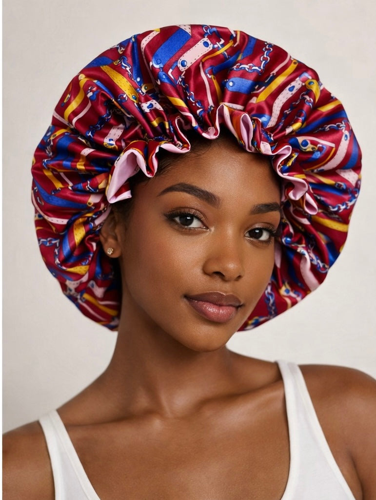 Woman wearing a colorful satin bonnet against a neutral background