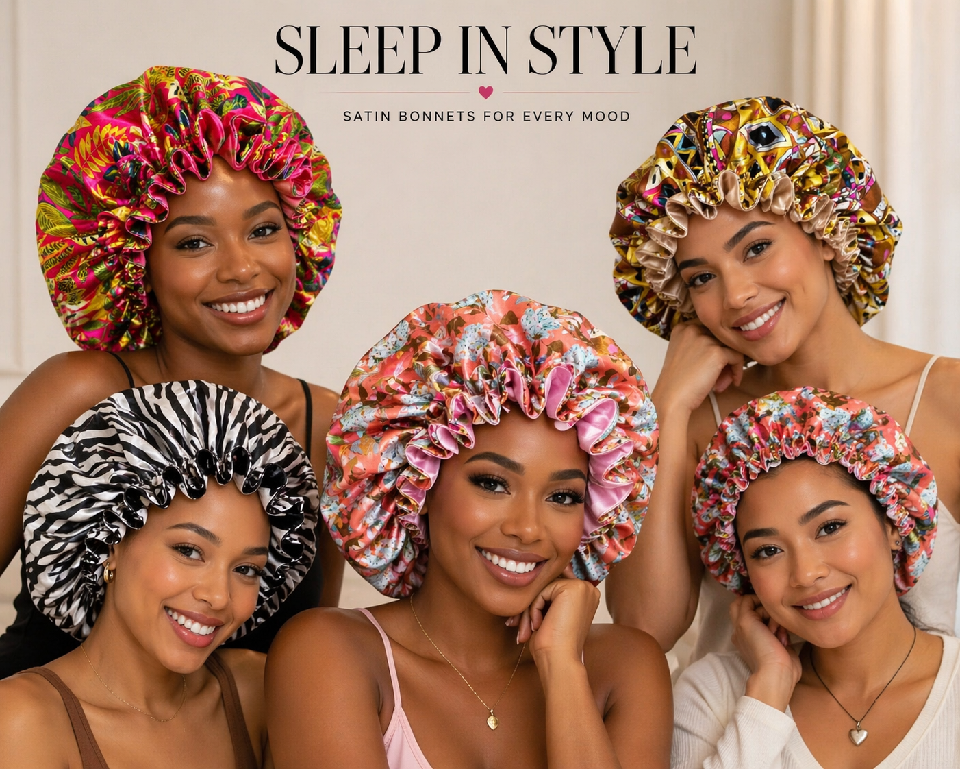 Four women wearing colorful satin bonnets with the text 'Sleep in Style' above them.