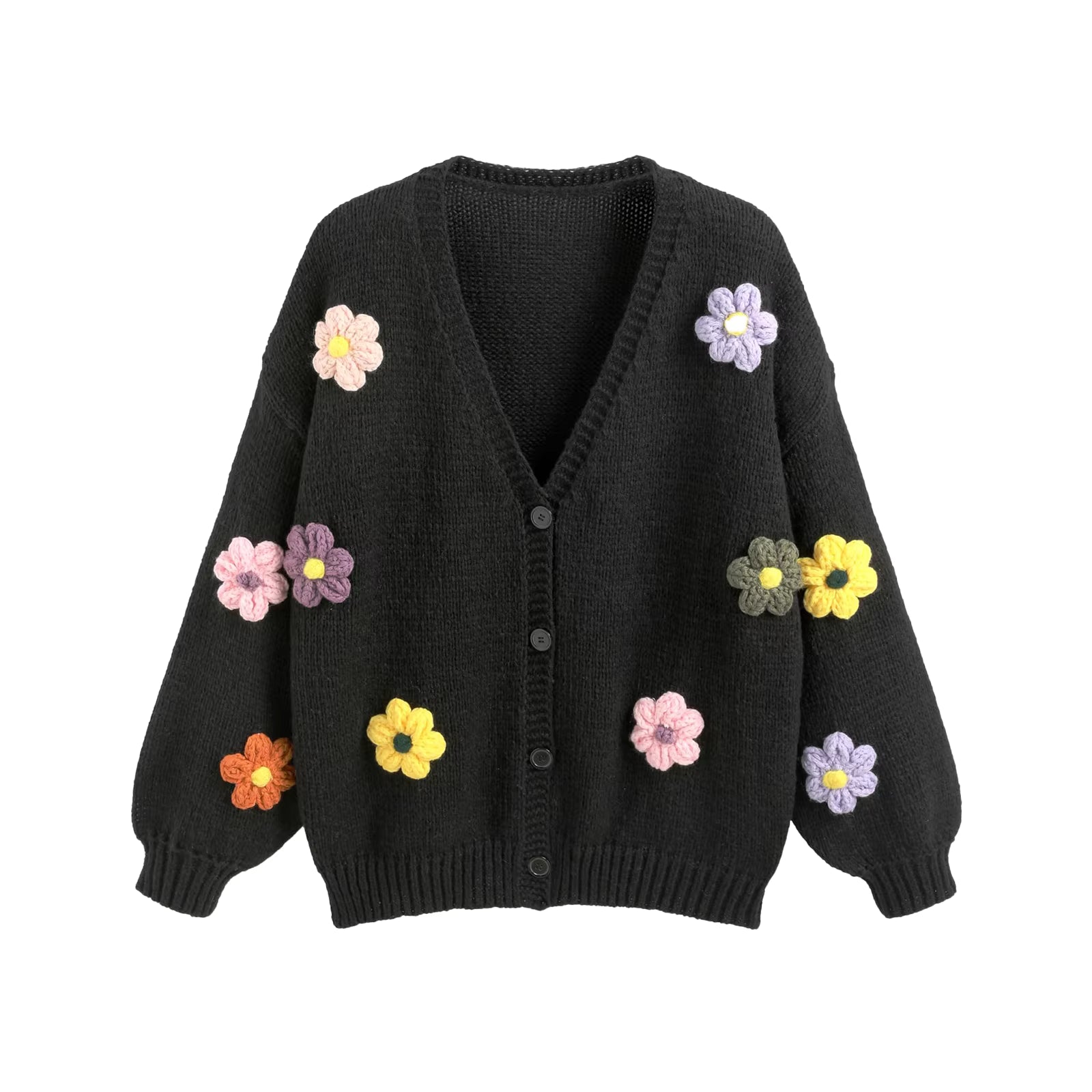 Black cardigan with colorful flower patterns on a white background