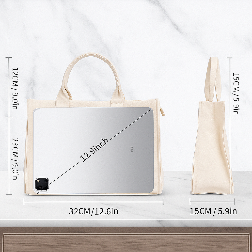 Beige tote bag with dimensions displayed on a white background