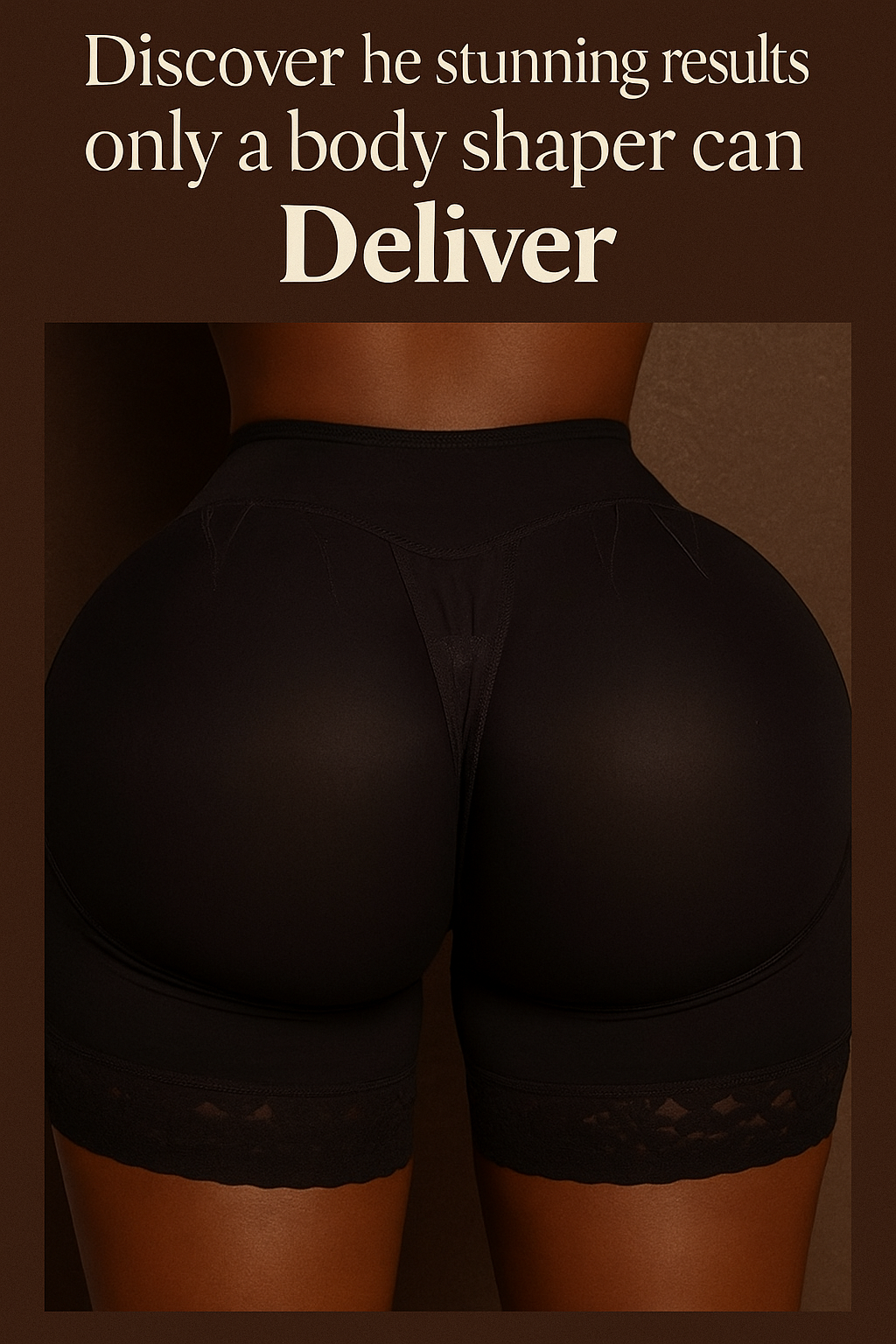 Black body shaper on a brown background with promotional text.