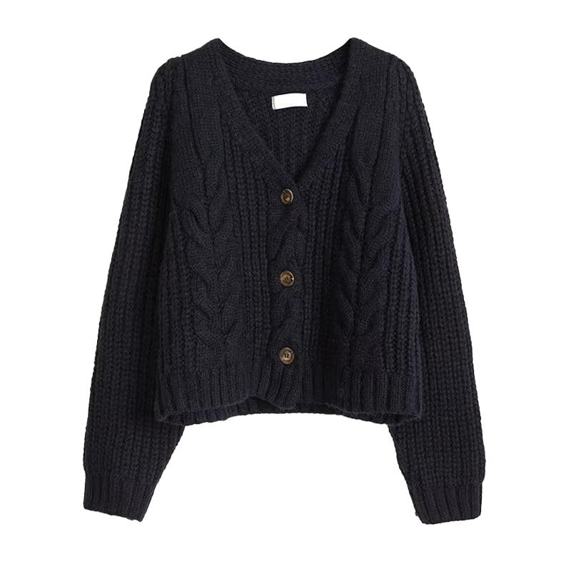 Dark gray cable knit cardigan with button details on a white background