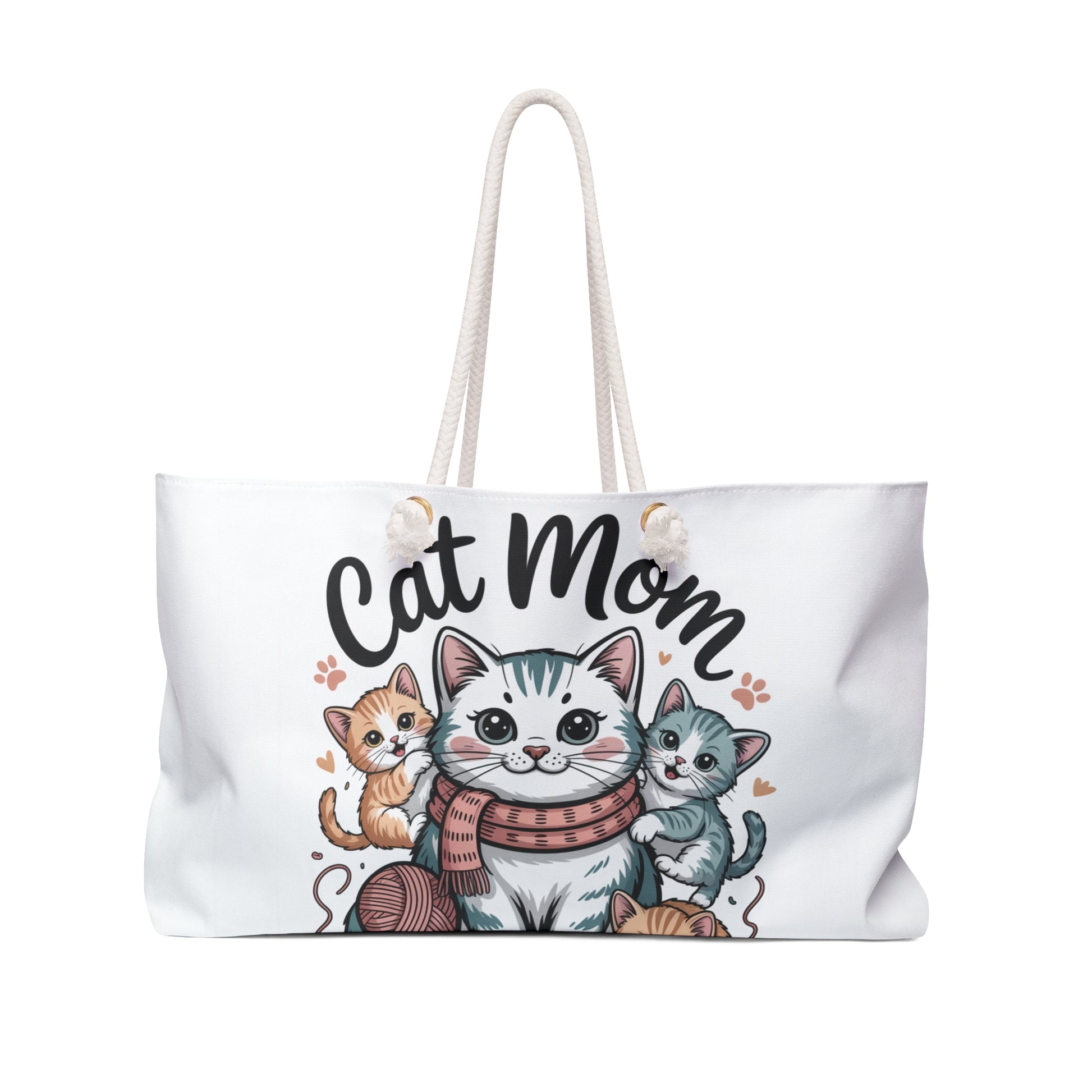 Tote bag with 'Cat Mom' text and cat illustrations on a white background