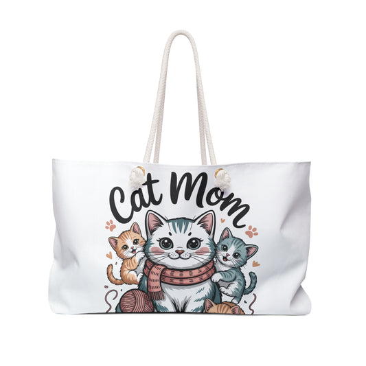 Tote bag with 'Cat Mom' text and cat illustrations on a white background
