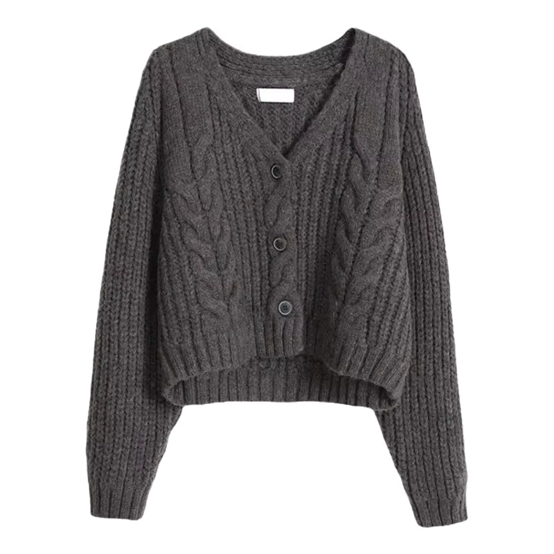 Gray cable knit cardigan on a white background