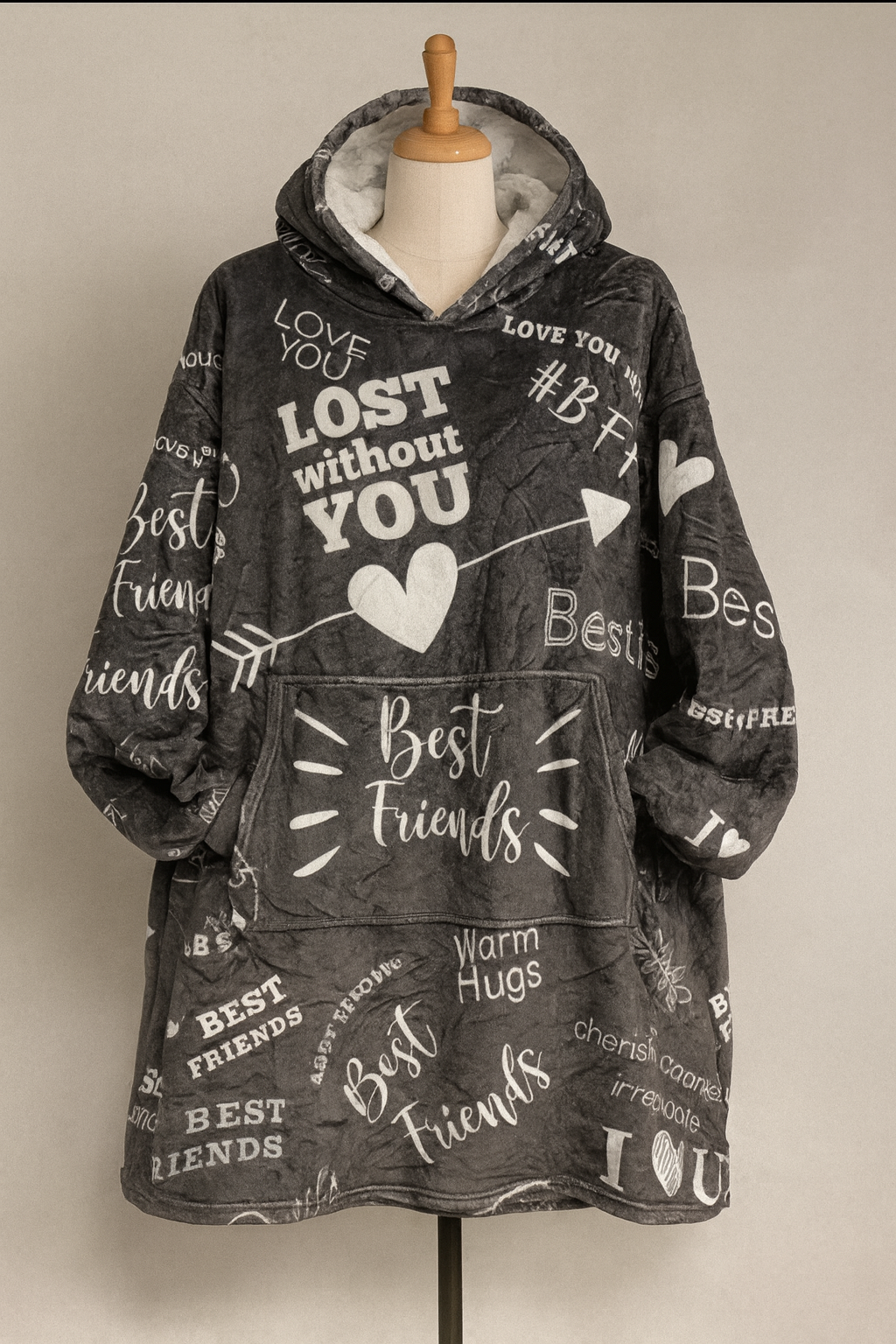 grey  hoodie with white text and graphics on a mannequin against a beige background