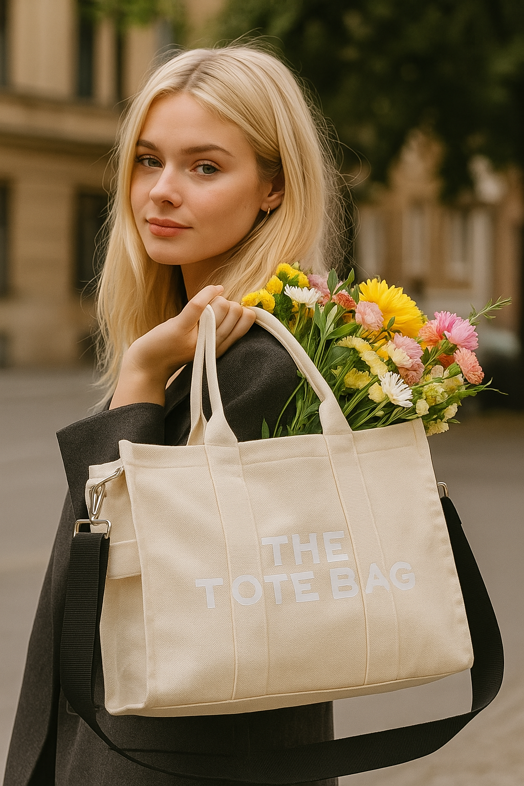 Woman holding a beige tote bag with flowers in an urban setting