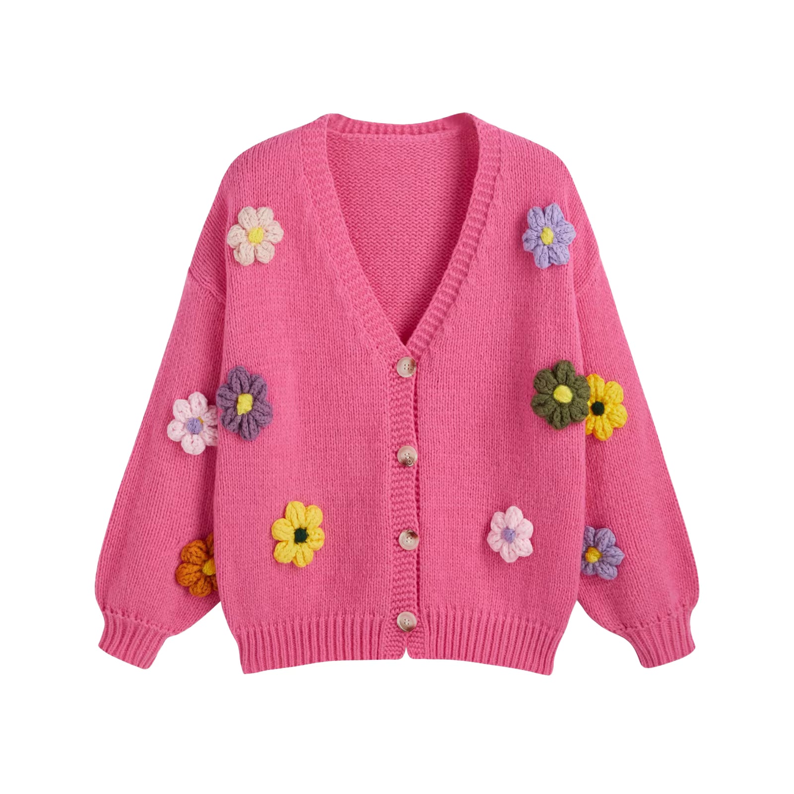 Pink cardigan with colorful flower patterns on a white background