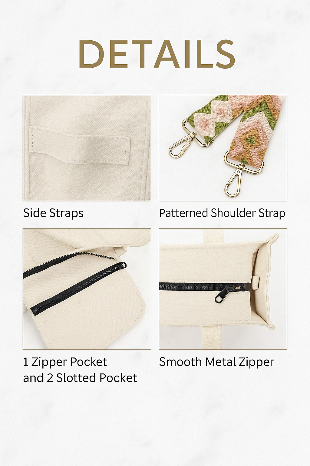 Product details including side straps, patterned shoulder strap, zipper pocket, and metal zipper on a white background.