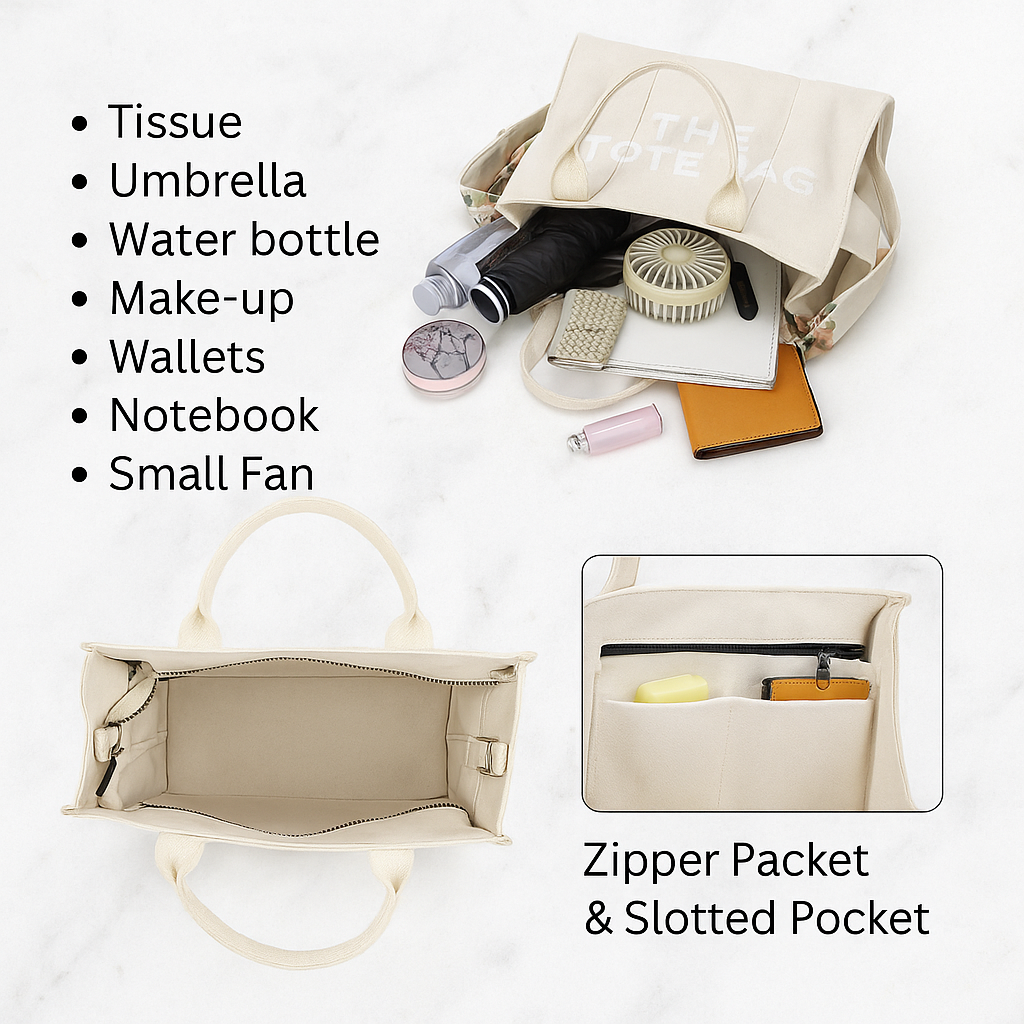 Beige handbag with various items and close-up of compartments on a white background